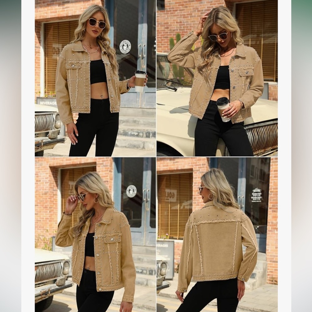 Studded Tan Denim Jacket Distressed Cropped Western Festival Jacket